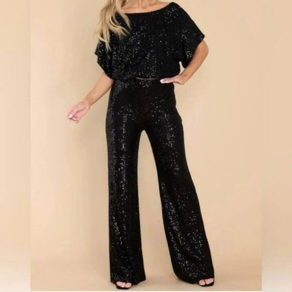 Aakaa Sequin Long Pants Wide Leg Pull On Black M